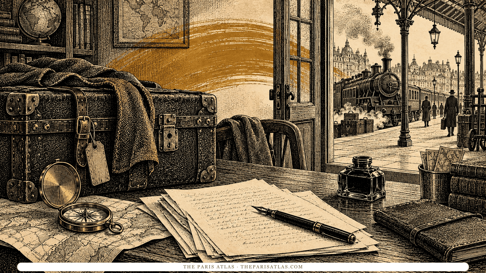 Travel trunk, manuscripts and a compass beside an illustrated railway view.