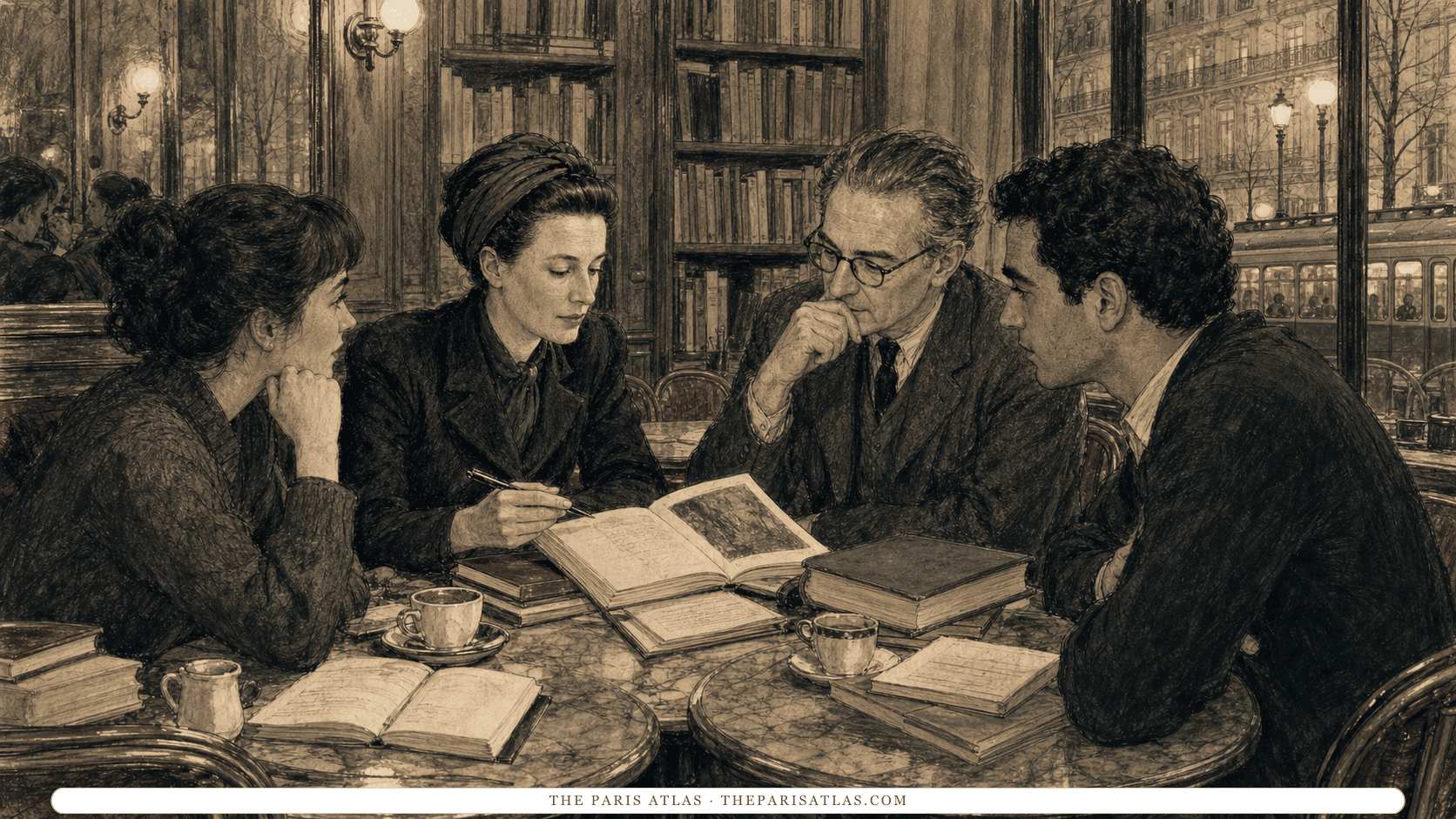 Simone de Beauvoir seated with three readers comparing books and notebooks around café tables in a library-lined room overlooking an evening Paris boulevard.