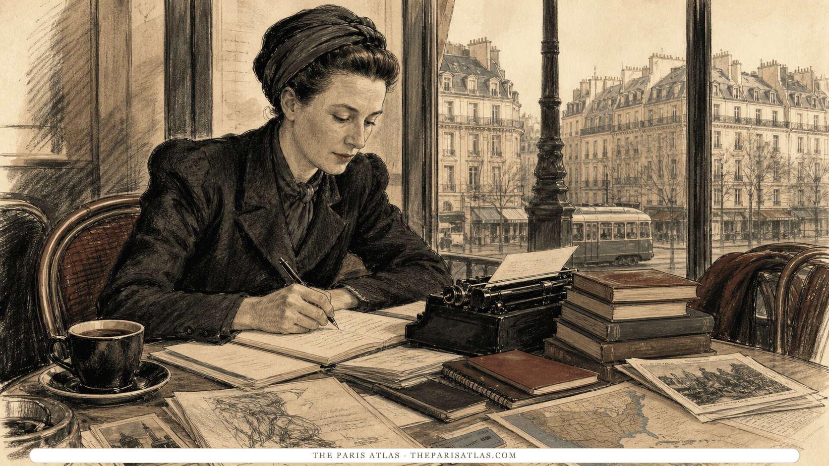 Illustration of Simone de Beauvoir writing at a Left Bank café table beside a typewriter, notebooks, manuscript pages, maps, and stacked books, with a Paris boulevard and tram beyond the windows.