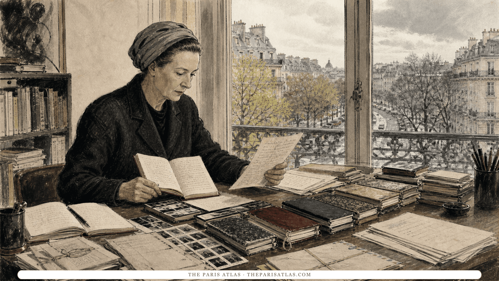 Illustration of an older Simone de Beauvoir comparing a notebook with a manuscript page at a long table covered with letters, contact sheets, and dated journals, with Paris in changing seasons outside.