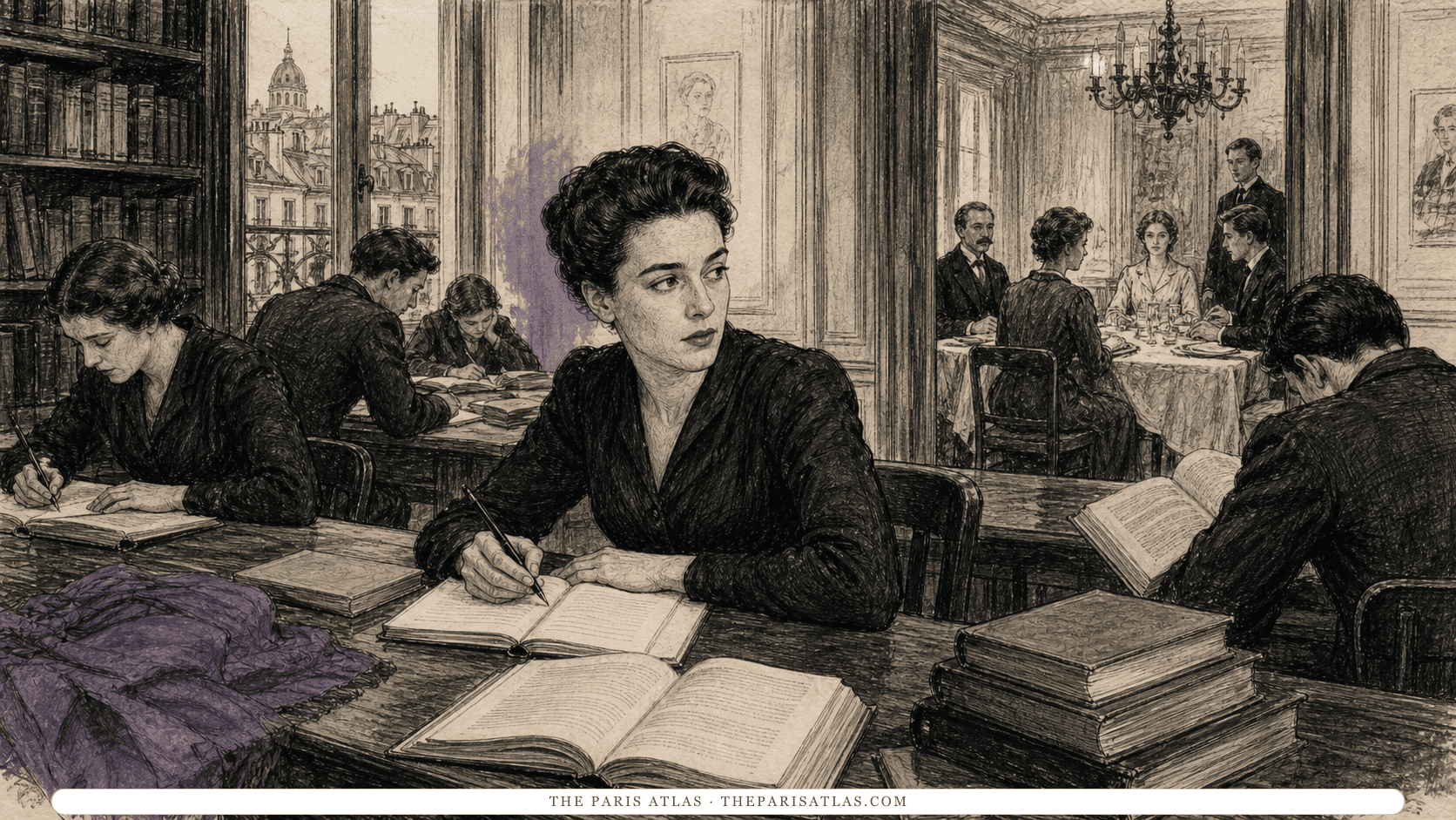Young adult Simone de Beauvoir studies in a university library while a formal family dinner unfolds beyond.