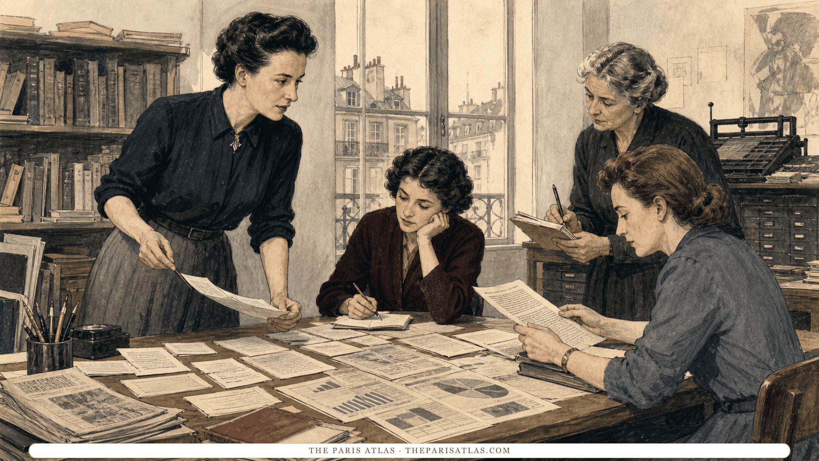 Illustration of Simone de Beauvoir and three women of different ages studying interview notes, charts, newspapers, and manuscript pages together in a Paris editorial room.