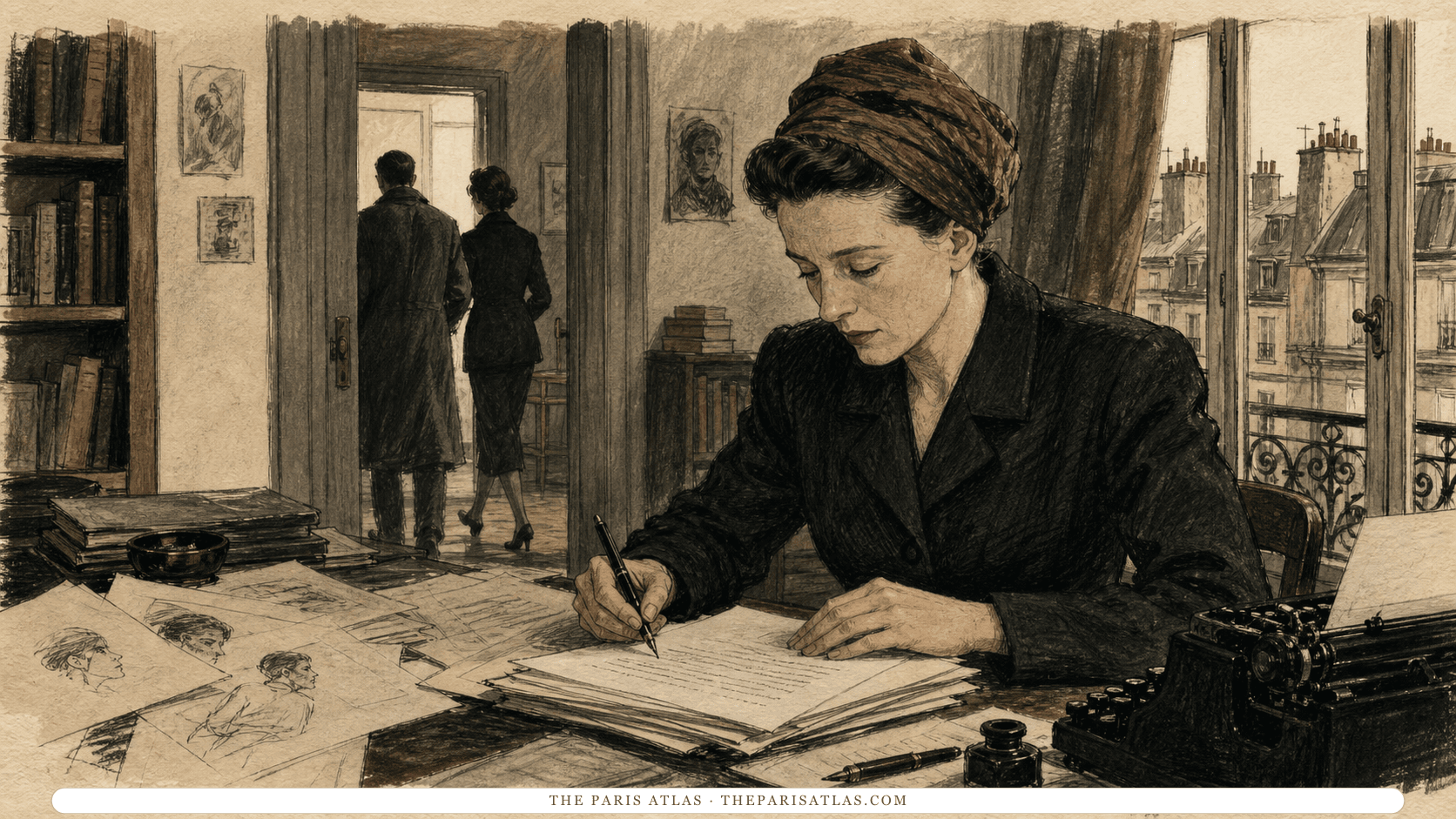 Illustration of Simone de Beauvoir revising fiction at a Paris apartment desk, with a typewriter, manuscript pages, character sketches, and two unidentifiable figures leaving through a doorway.
