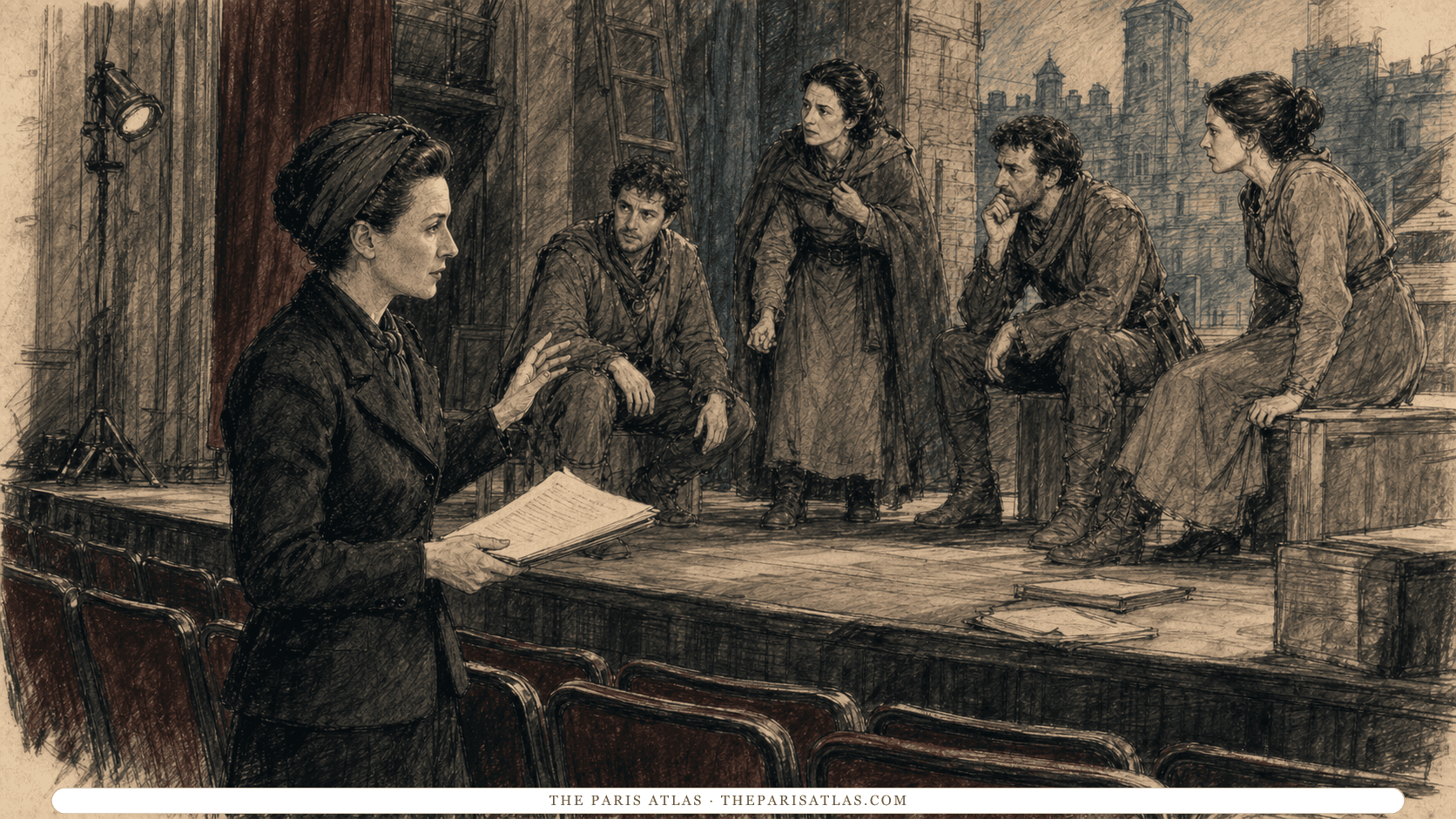 Simone de Beauvoir speaking from the front row to four actors rehearsing on a spare medieval town set in an empty Paris theatre.