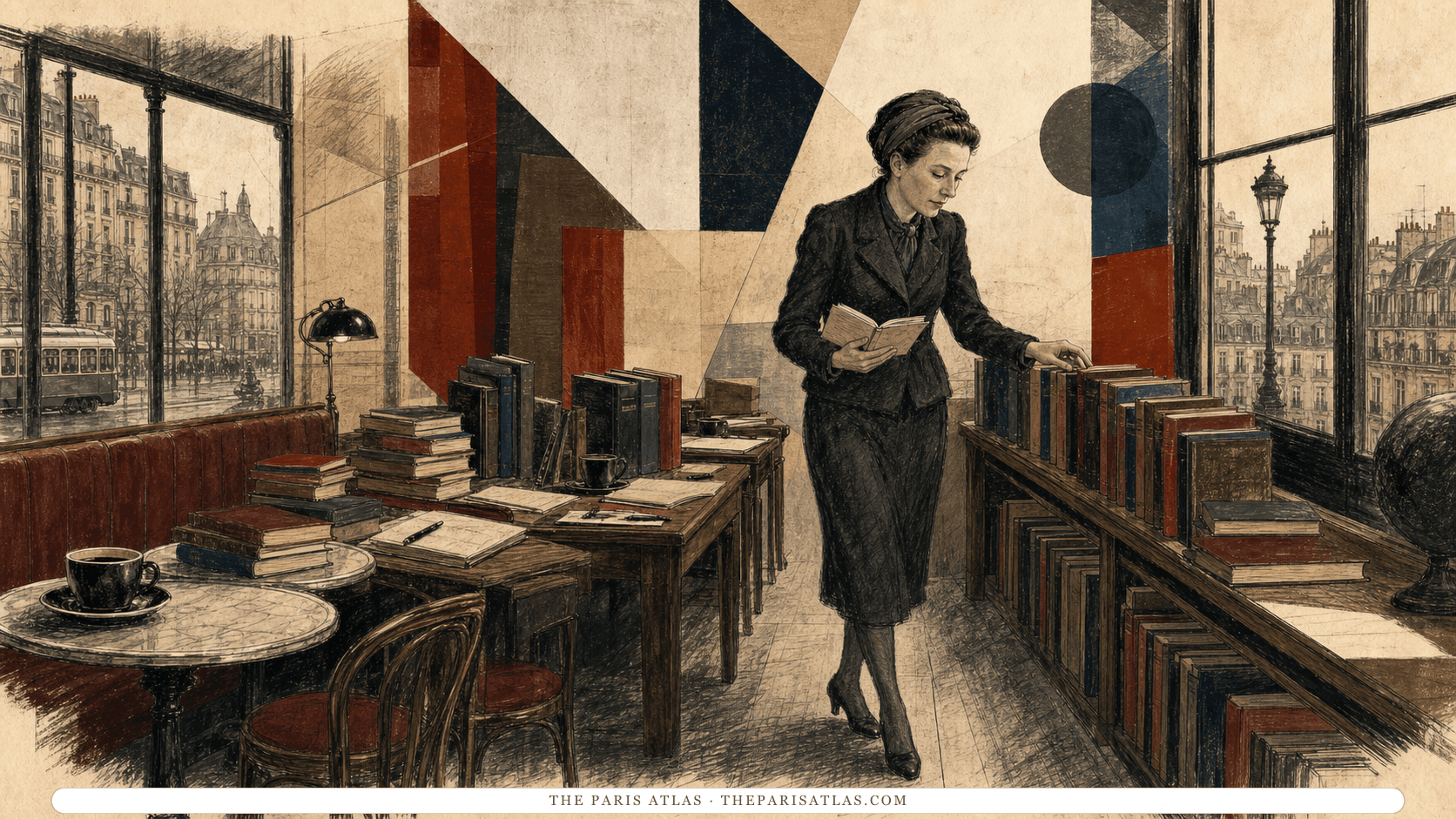 Simone de Beauvoir selecting a book while walking between a café banquette, writing desks, and long shelves arranged against Paris windows.