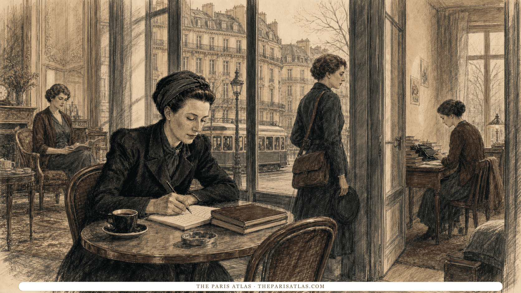 Simone de Beauvoir writing at a café table between a bourgeois drawing room, a Paris street, and a rented writing room occupied by three women reading, leaving, and working.