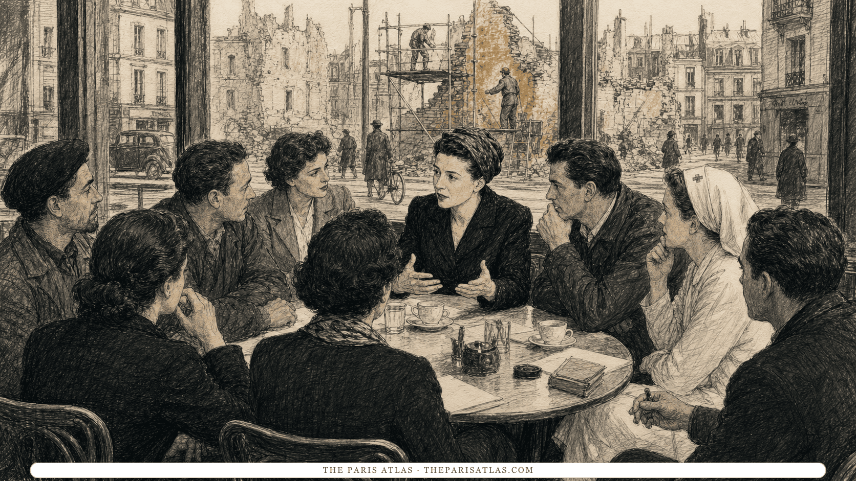 Adult students, workers, a nurse, and a veteran debate responsibility around a postwar café table.