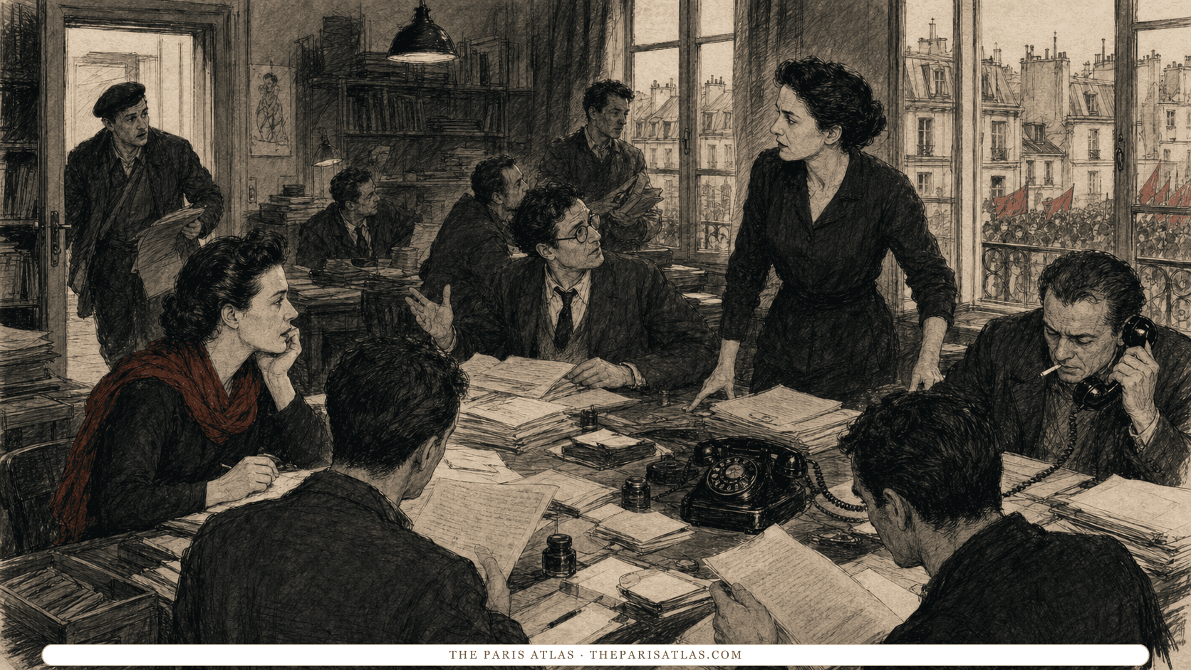 Adult editors and writers argue over proofs in a crowded postwar Paris magazine office.