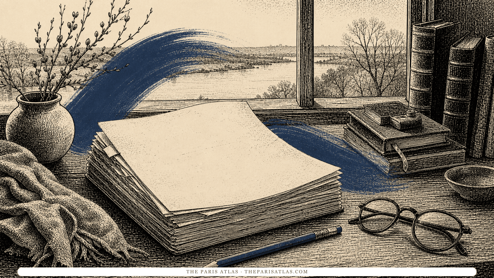 Pen-and-ink illustration of a manuscript, blue editing pencil, winter branches, and a river view