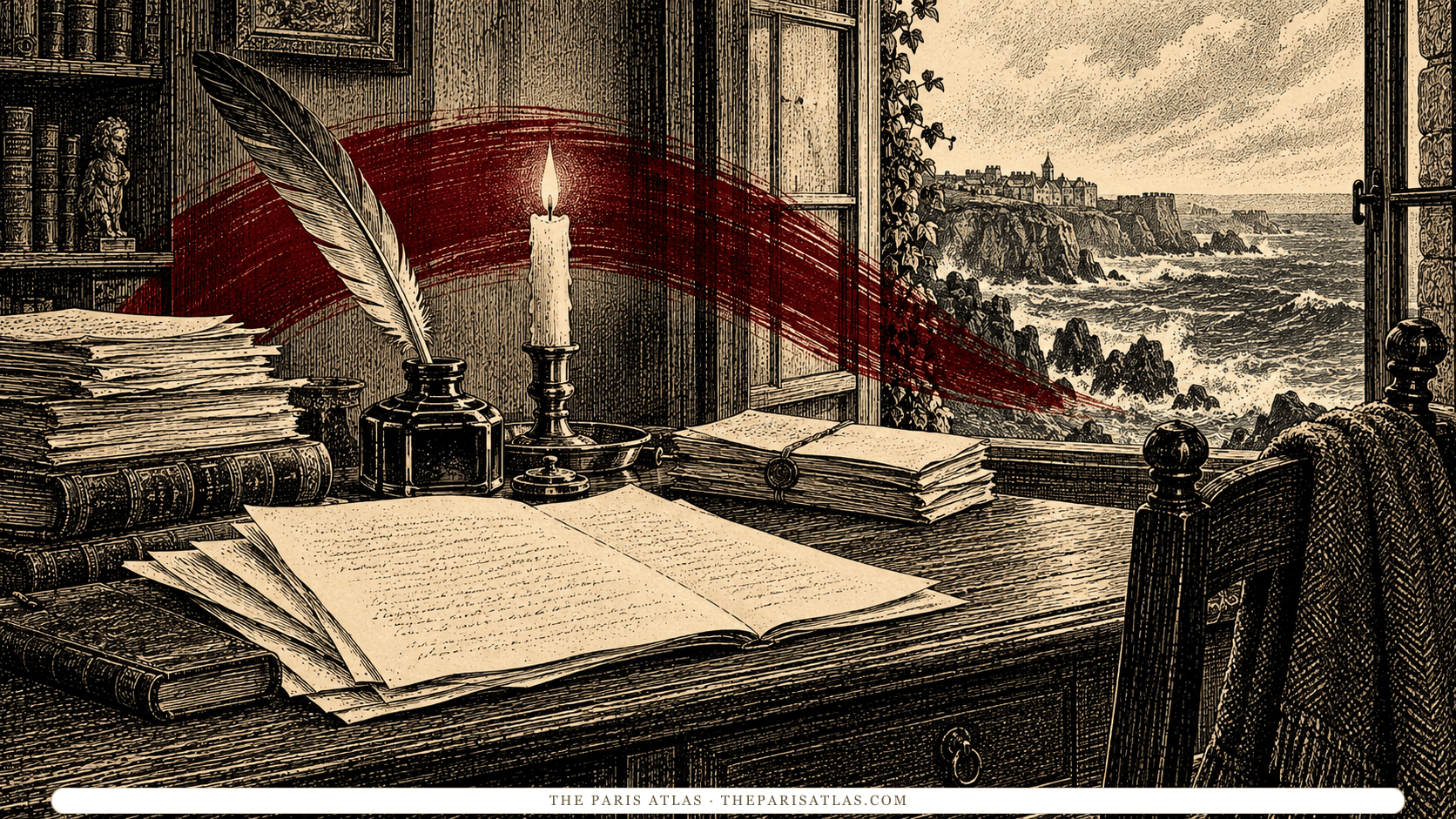 Manuscripts and a quill beside an illustrated view of the sea.