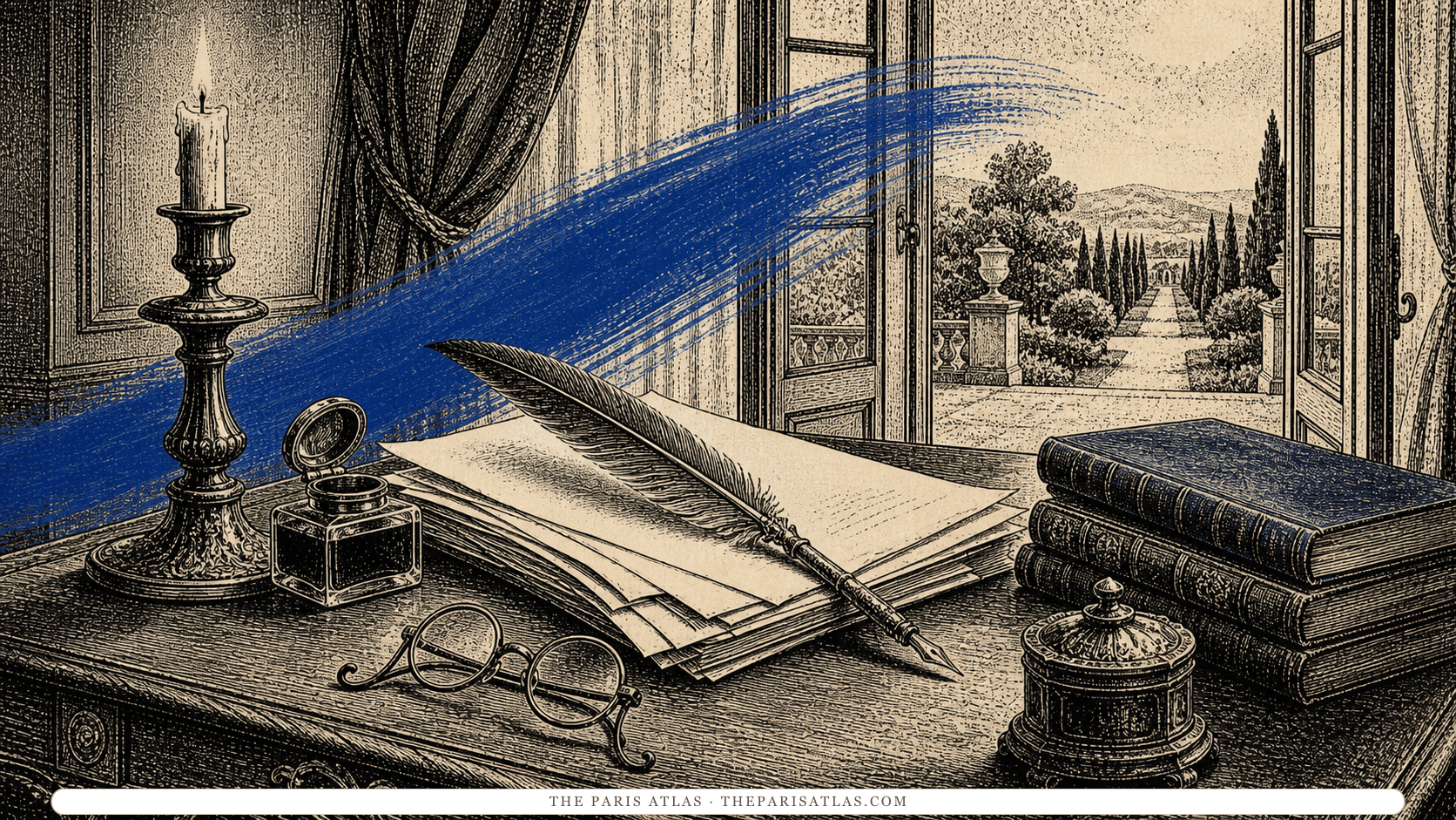 Pen-and-ink illustration of a quill, manuscript pages, spectacles, and an Enlightenment garden