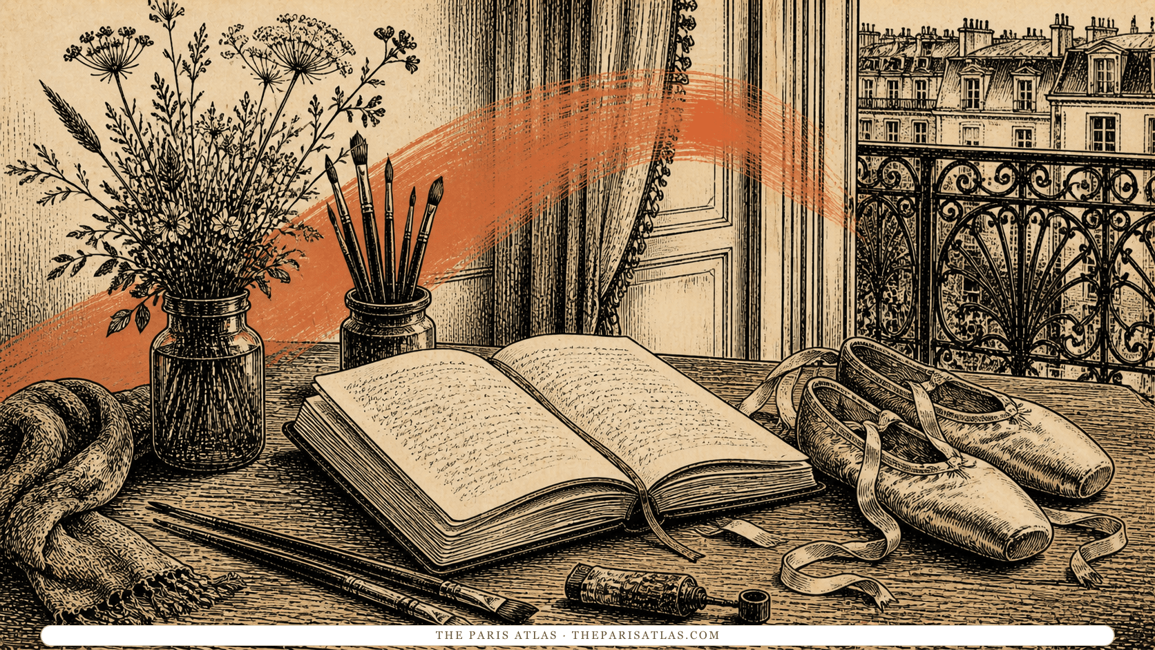 Pen-and-ink illustration of ballet slippers, an open notebook, brushes, and flowers beside a Paris balcony