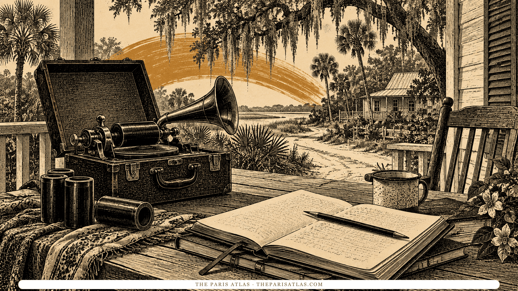 Field notebooks and recording equipment on an illustrated Florida porch.