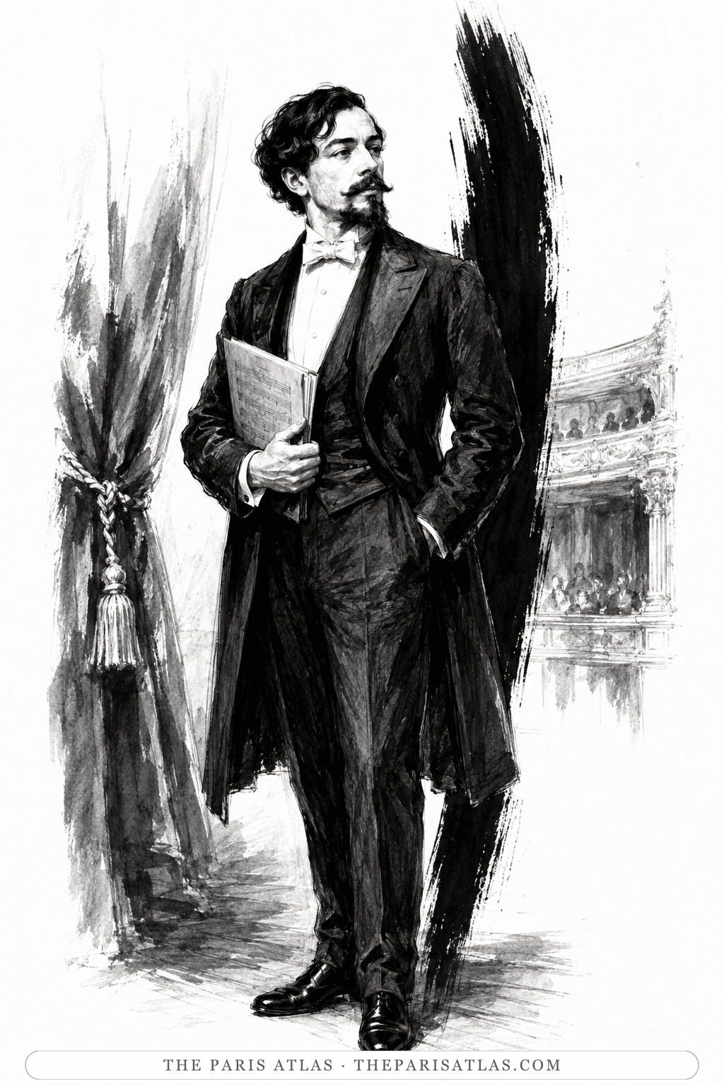 Illustration of Claude Debussy holding a score beside the auditorium of a Paris opera house