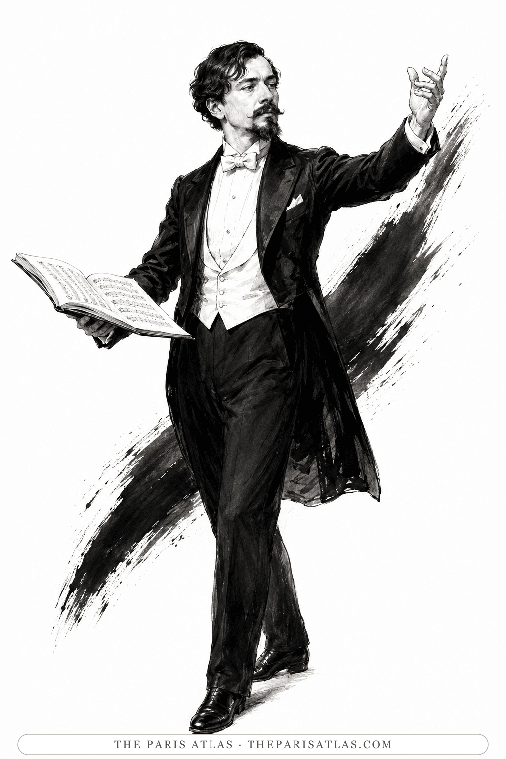Illustration of Claude Debussy conducting while holding an open musical score