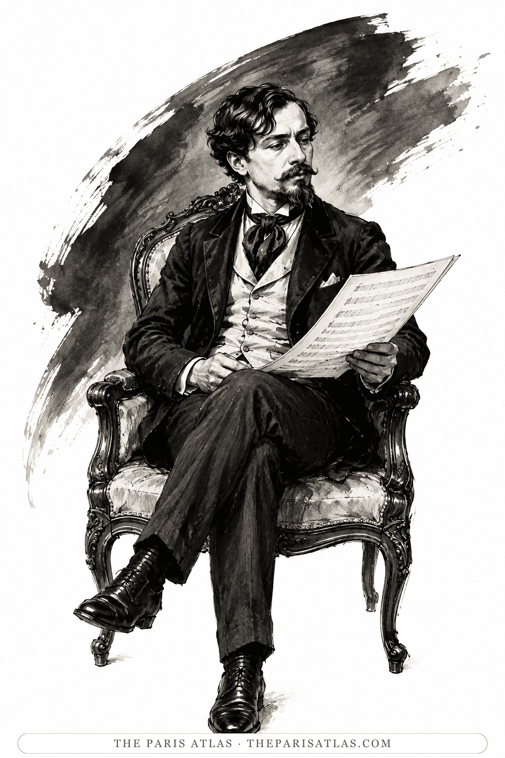 Illustration of Claude Debussy seated in an armchair reading sheet music