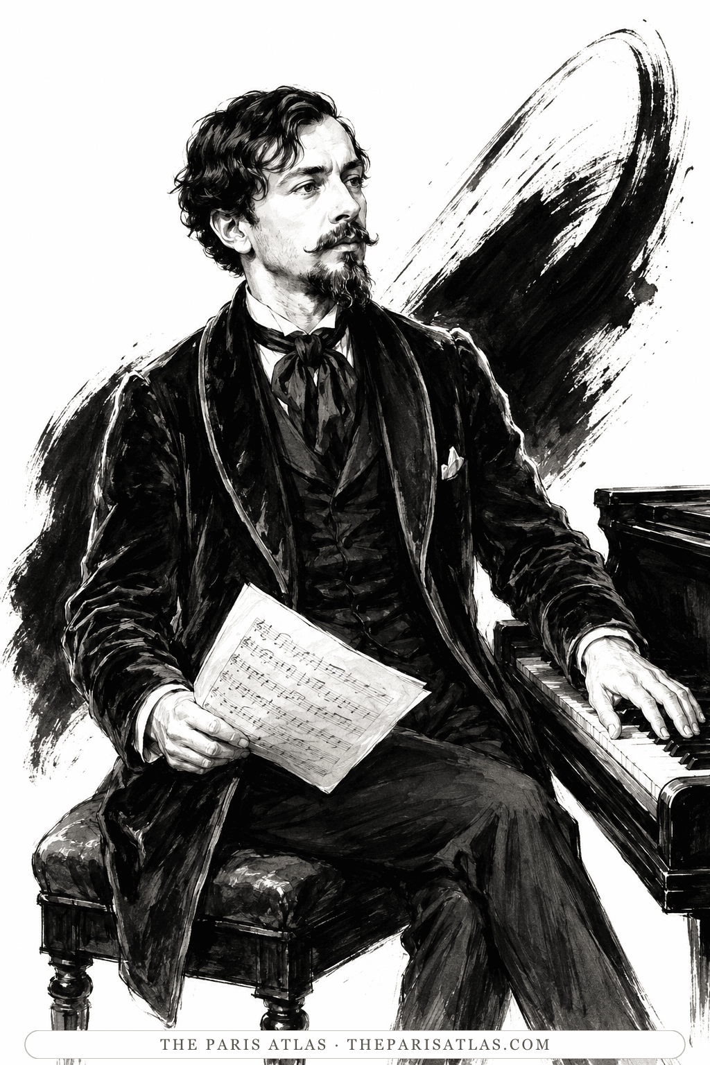 Illustration of Claude Debussy seated beside a piano holding a sheet of music