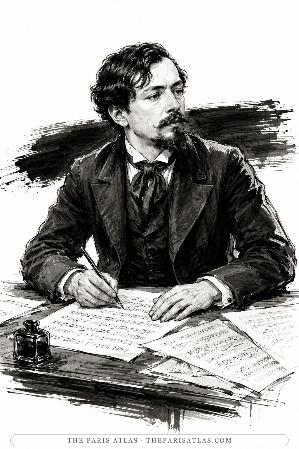 Illustration of Claude Debussy writing on a musical manuscript at his desk