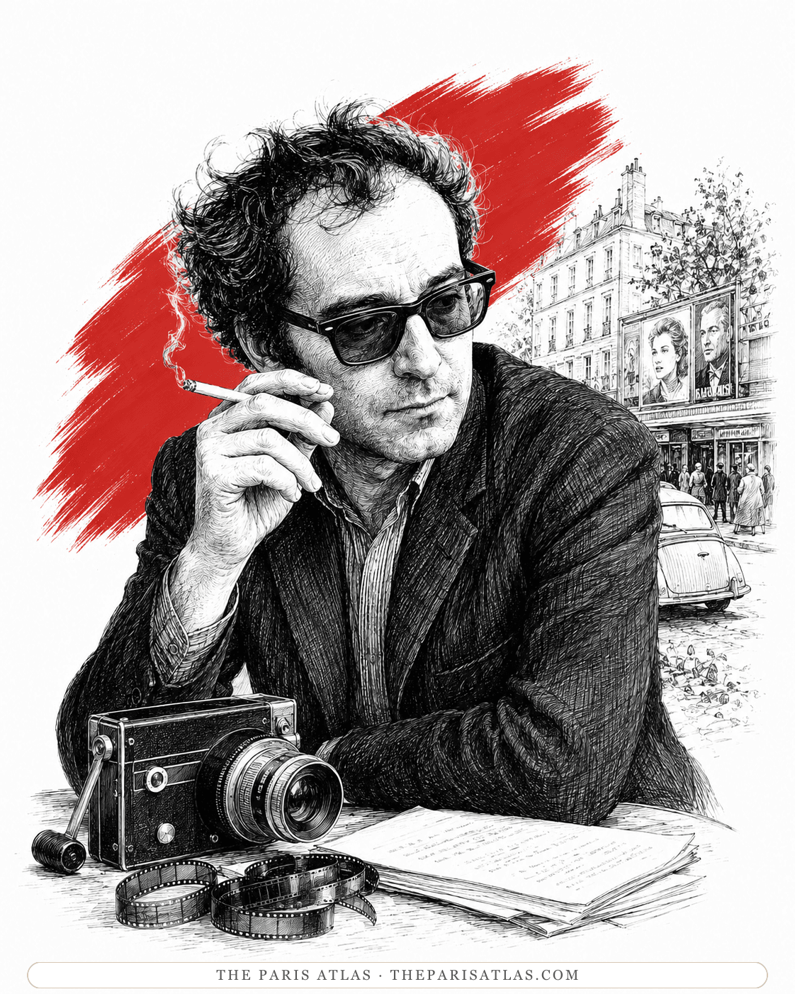Illustrated portrait of Jean-Luc Godard