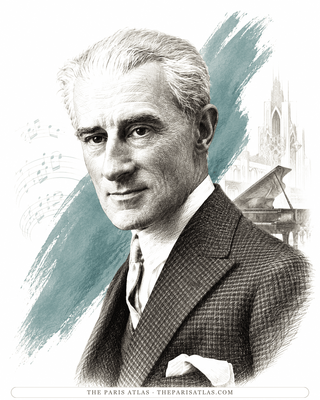 Illustrated portrait of Maurice Ravel