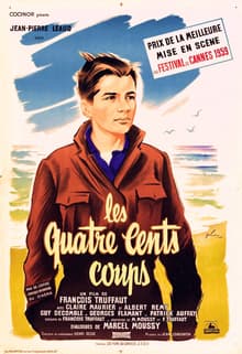 Illustrated French poster for Les Quatre Cents Coups: Antoine in a rust jacket against a pale sea, with a red Cannes prize banner at top