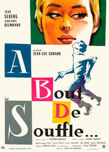 French release poster for À bout de souffle: Jean Seberg's face in close-up beside stacked pink and blue title lettering, with a small full-length sketch of Belmondo walking