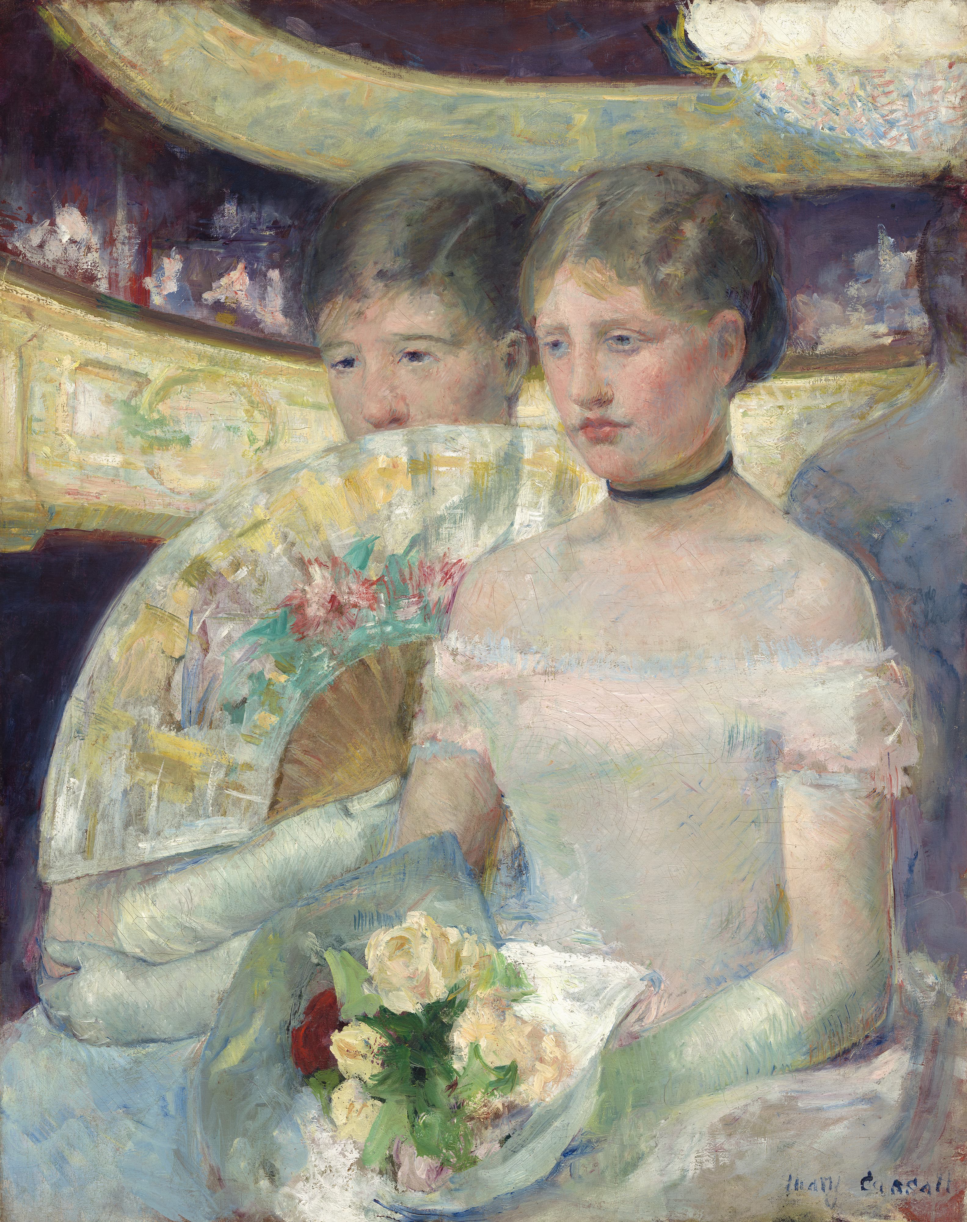 Two young women in a theater box, one holding a fan and a bouquet, gilded balconies curving behind them