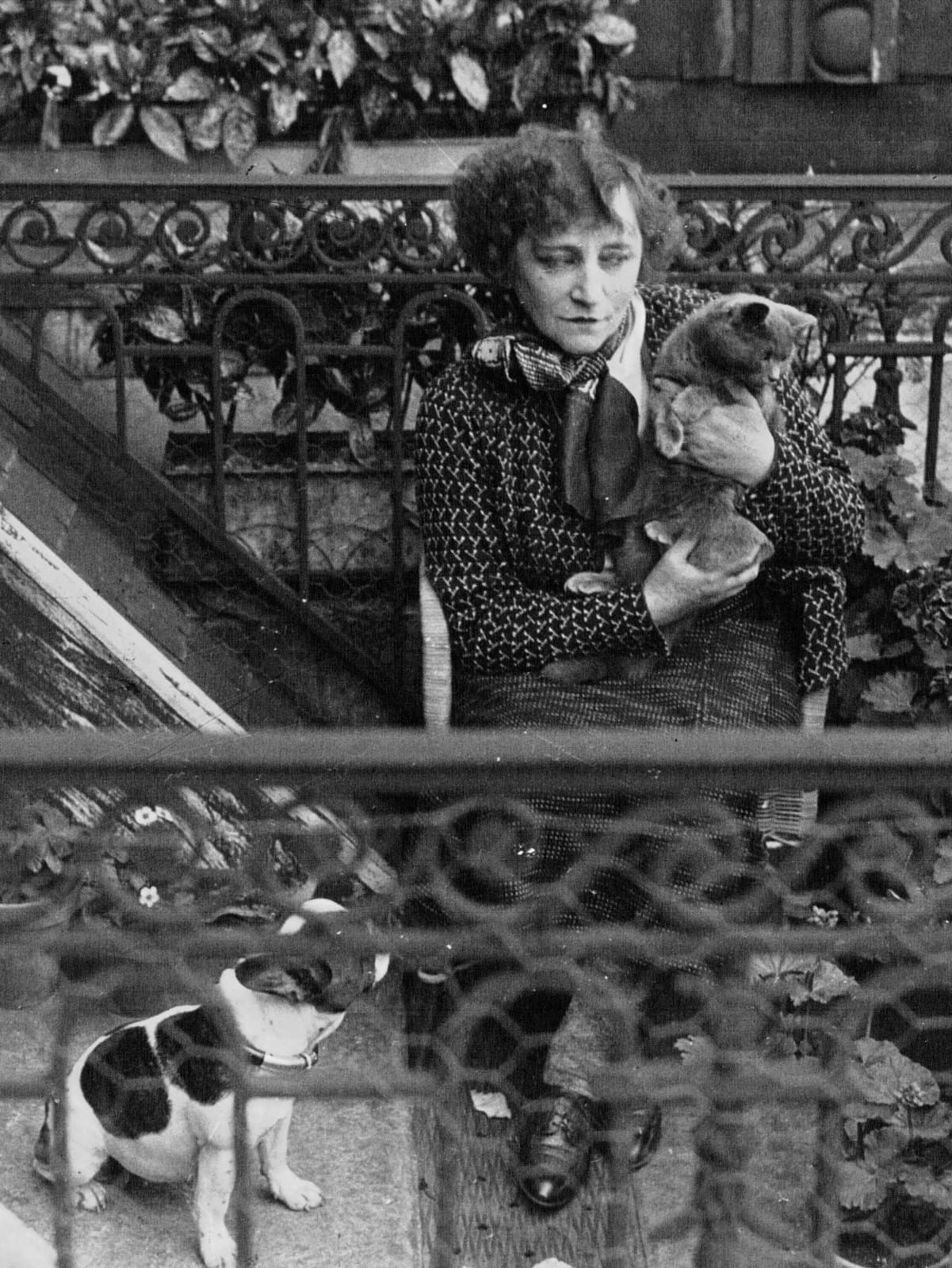Colette seated with a cat in her arms and a dog beside her in 1932