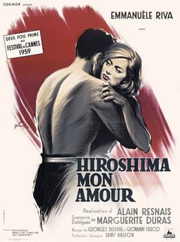Release poster for Hiroshima mon amour (1959): the title over the intertwined figures of the French actress and the Japanese architect
