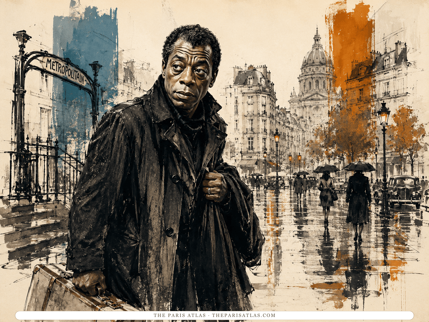 Ink and wash drawing of James Baldwin standing in a wet Paris street with a suitcase in one hand and a coat gathered against the rain, a Métropolitain entrance behind him and a domed church down the boulevard