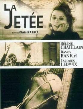 Poster for La Jetée (1962): a woman's face in grainy black and white behind the film's title