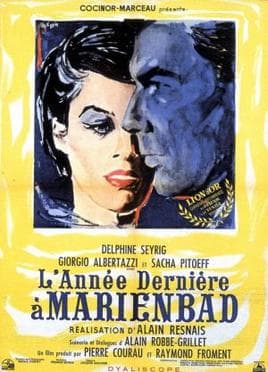 Poster for Last Year at Marienbad (1961): a figure in the baroque hotel's mirrored corridors