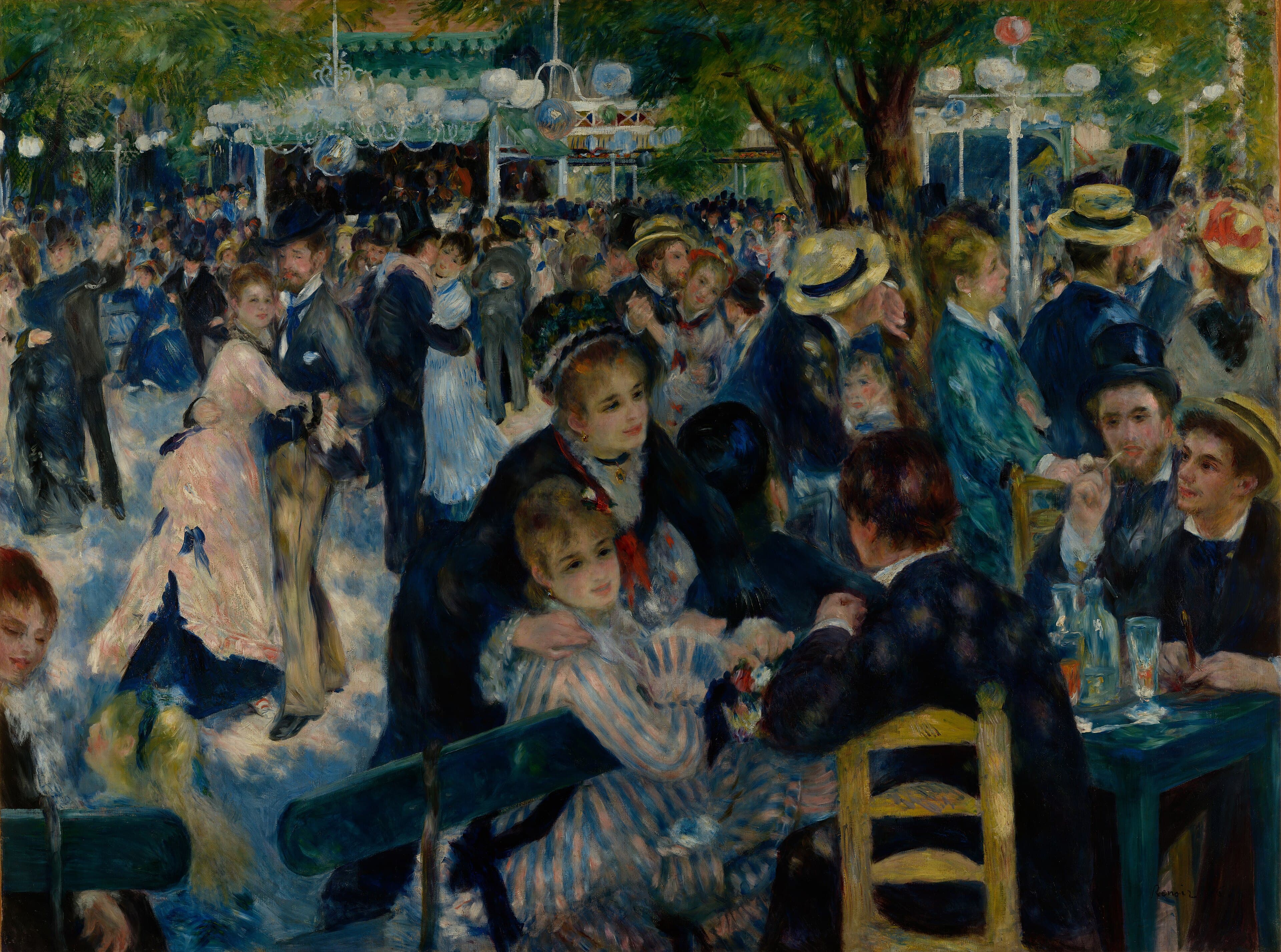 A crowded open-air dance in dappled sunlight, couples under the trees and a group at a table in the foreground