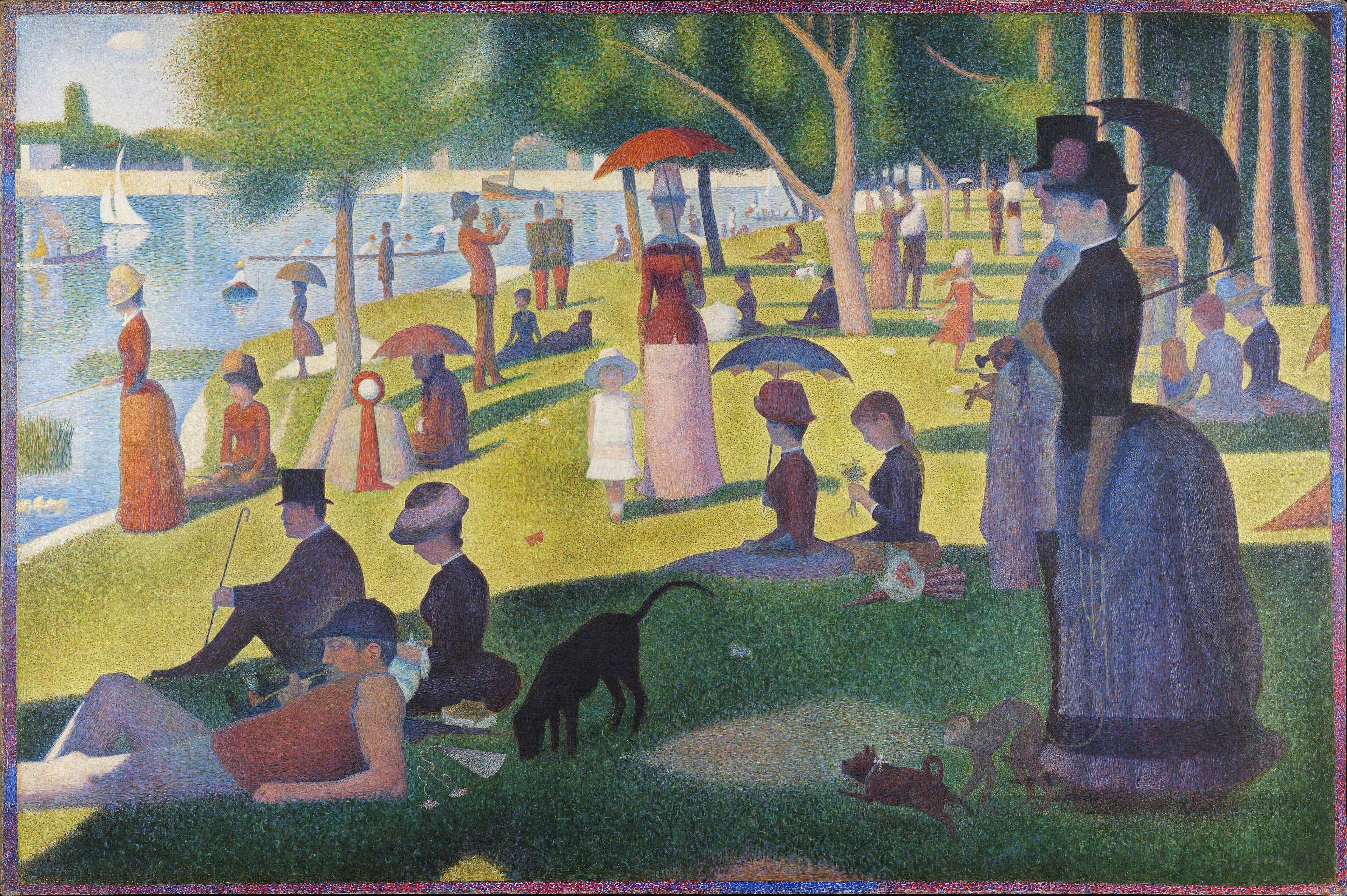 Seurat's A Sunday on La Grande Jatte: a large crowd in Sunday dress sits and strolls beneath trees beside the Seine, with parasols, dogs, boats, and a monkey rendered in divided color