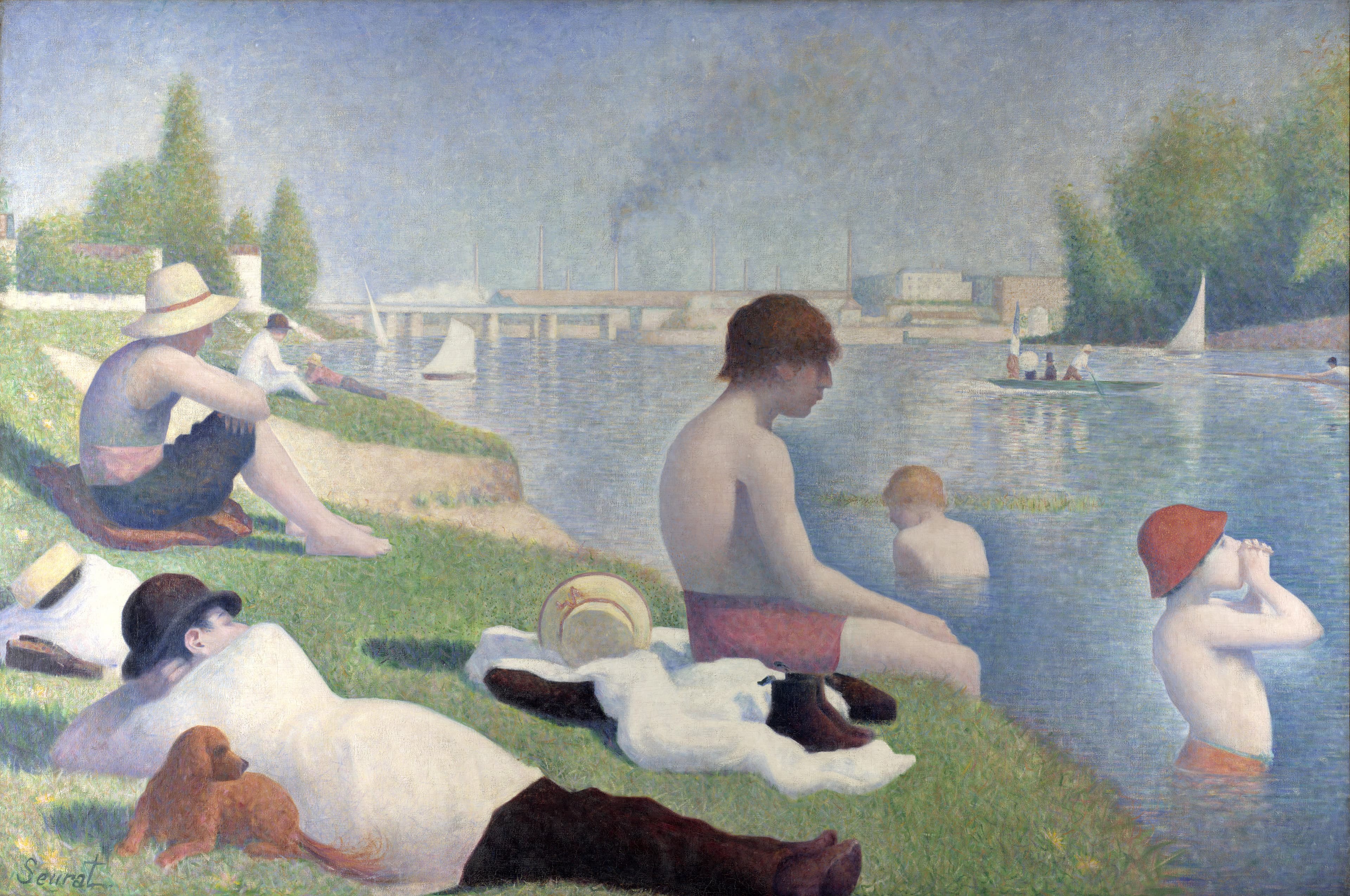 Seurat's Bathers at Asnières: men and boys rest beside the Seine in hazy light while boats cross the river and factory chimneys rise beyond them