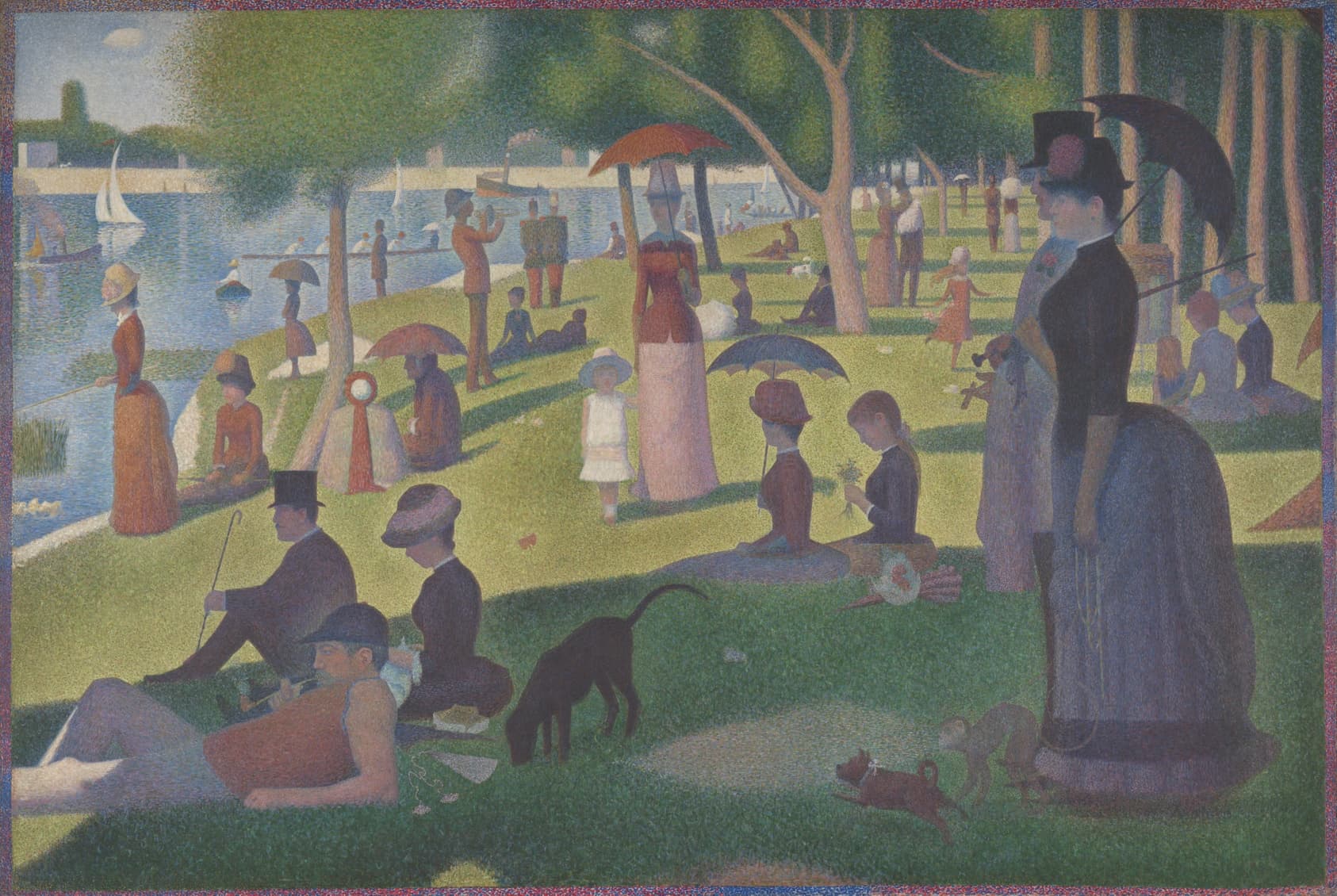 Strollers and seated figures in a riverside park, built entirely from small dots of color, within a painted border
