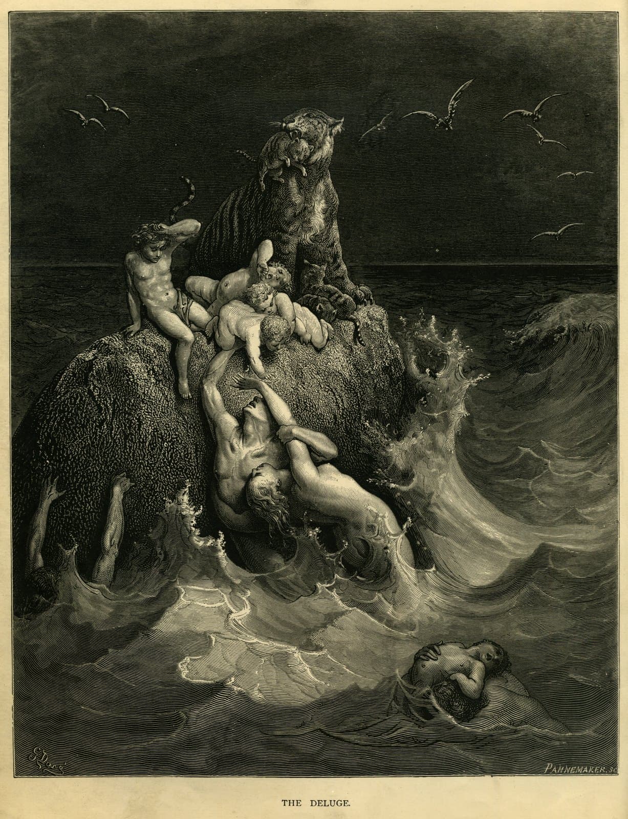 Close view of people and animals struggling upward in Doré's engraving The Deluge