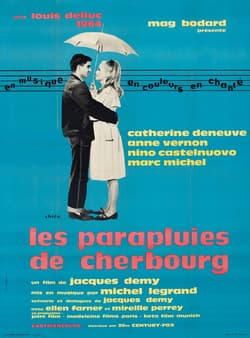 Poster for The Umbrellas of Cherbourg (1964): Catherine Deneuve and Nino Castelnuovo under an umbrella against saturated color