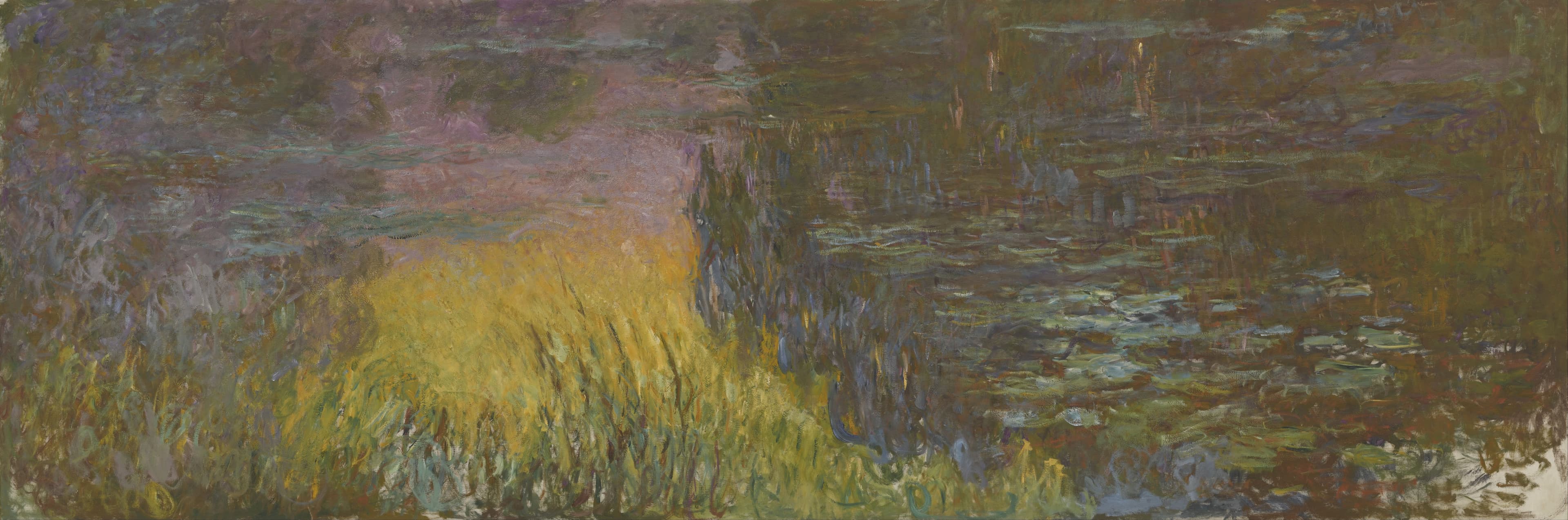A very wide Water Lilies composition, the pond surface dissolving into violet and green with a low orange sun at the left