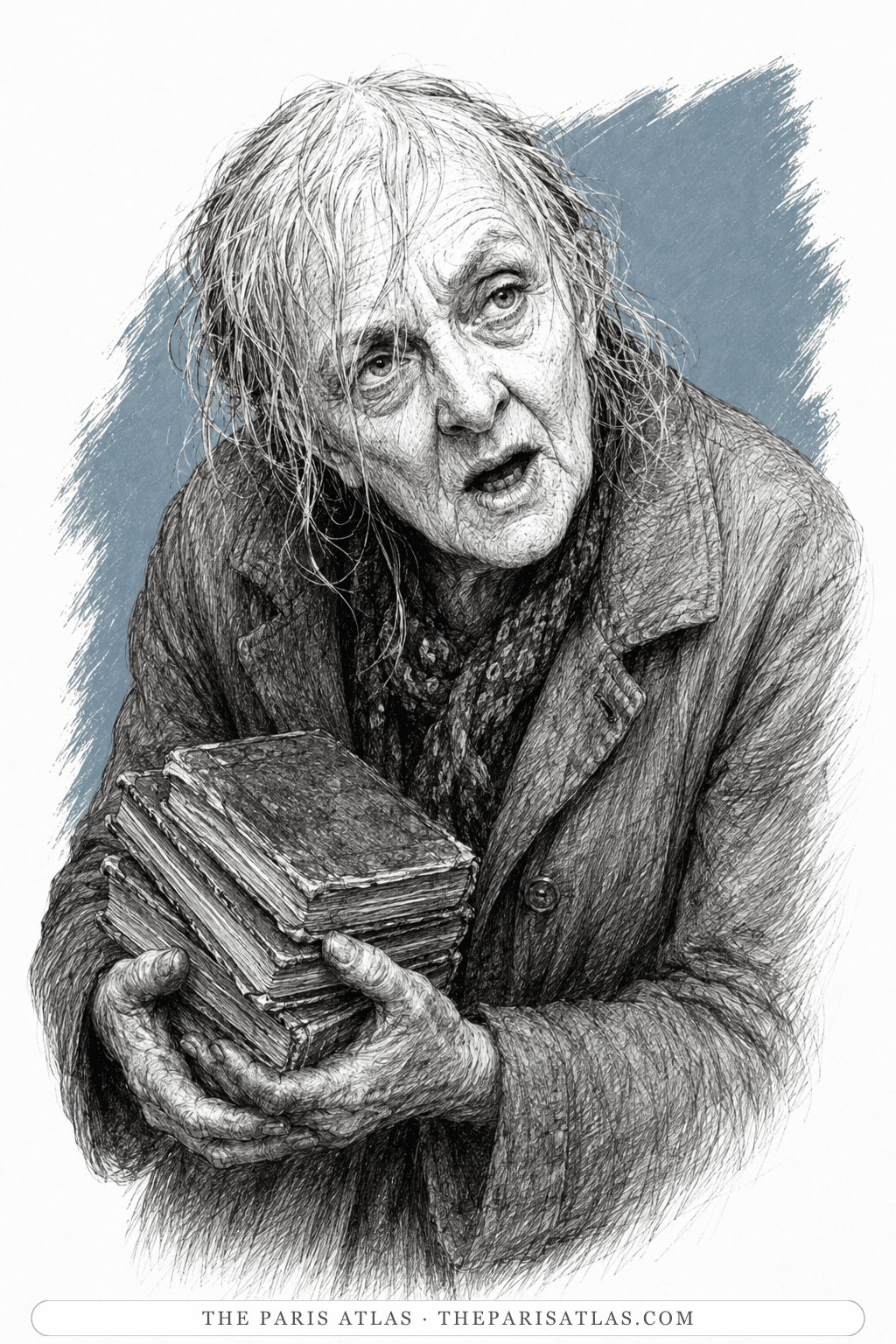 Illustrated portrait of The old woman selling books