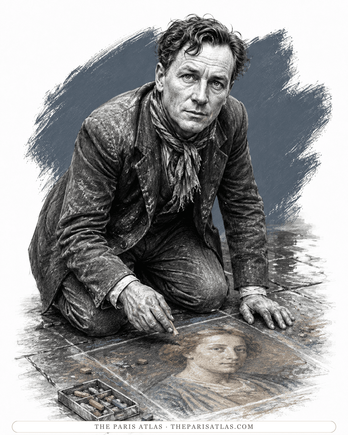 Illustrated portrait of The screever who had shown at the Salon