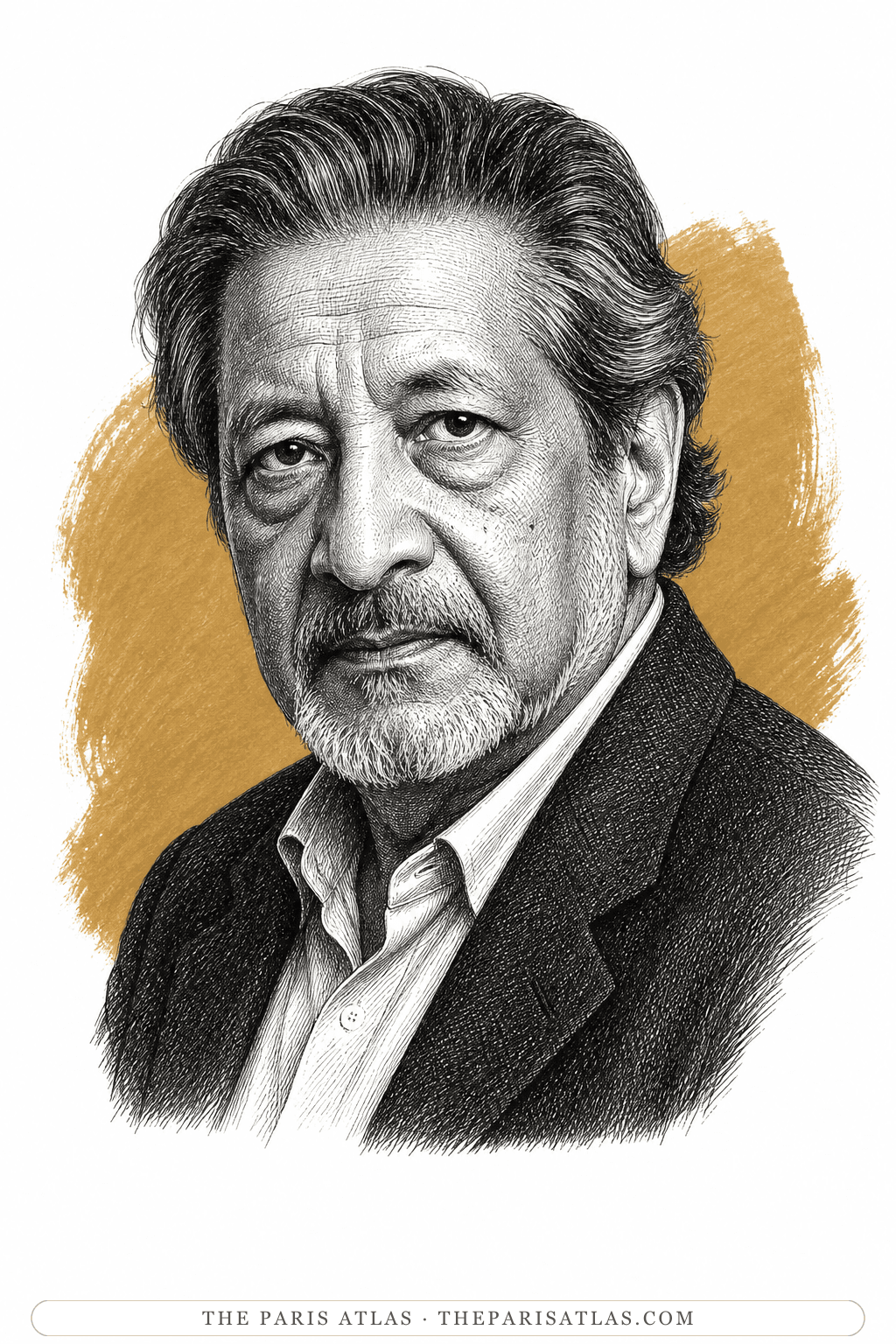 Illustrated portrait of V. S. Naipaul