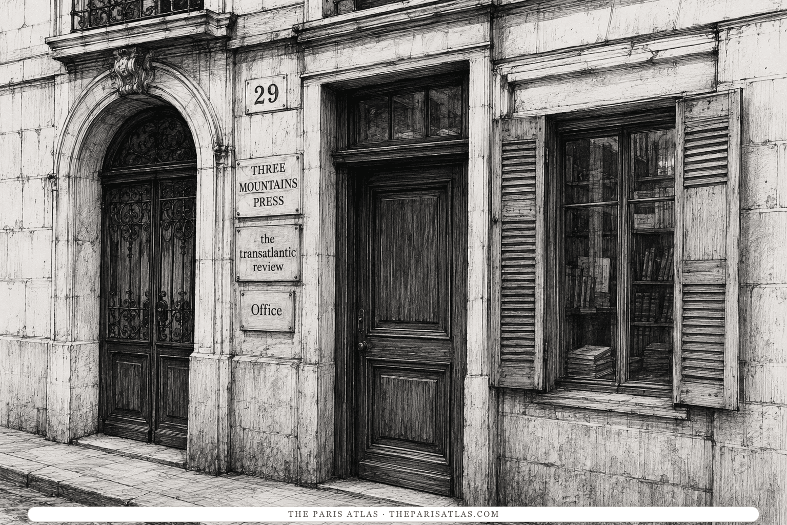 Pen-and-ink illustration of the doorway at 29 quai d'Anjou, Paris, its plaques reading Three Mountains Press, the transatlantic review, and Office