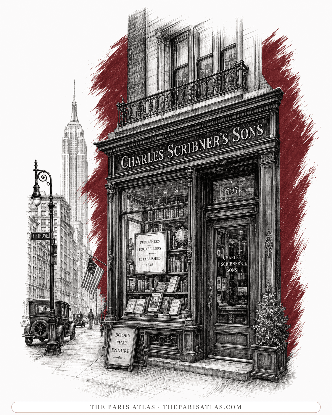 Pen-and-ink illustration of the Charles Scribner's Sons bookstore at 597 Fifth Avenue, New York, its window card reading Publishers Booksellers Established 1846