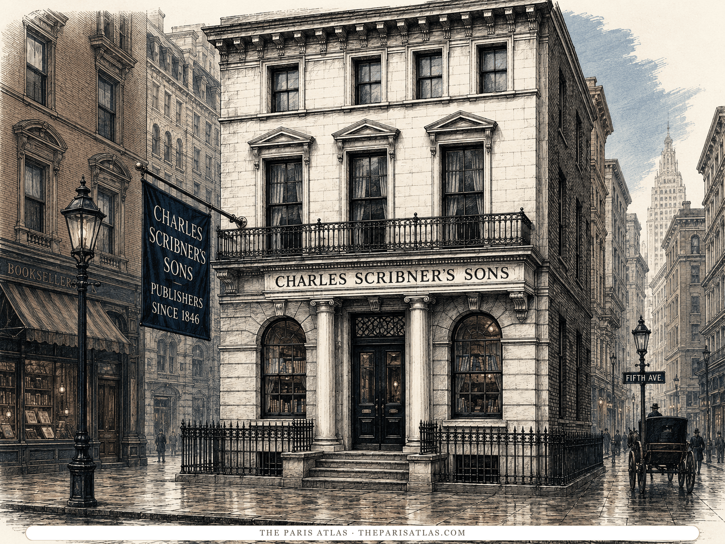 Pen-and-ink illustration of a Charles Scribner's Sons bookshop and publishing house on a wet Fifth Avenue corner, its banner reading Publishers Since 1846