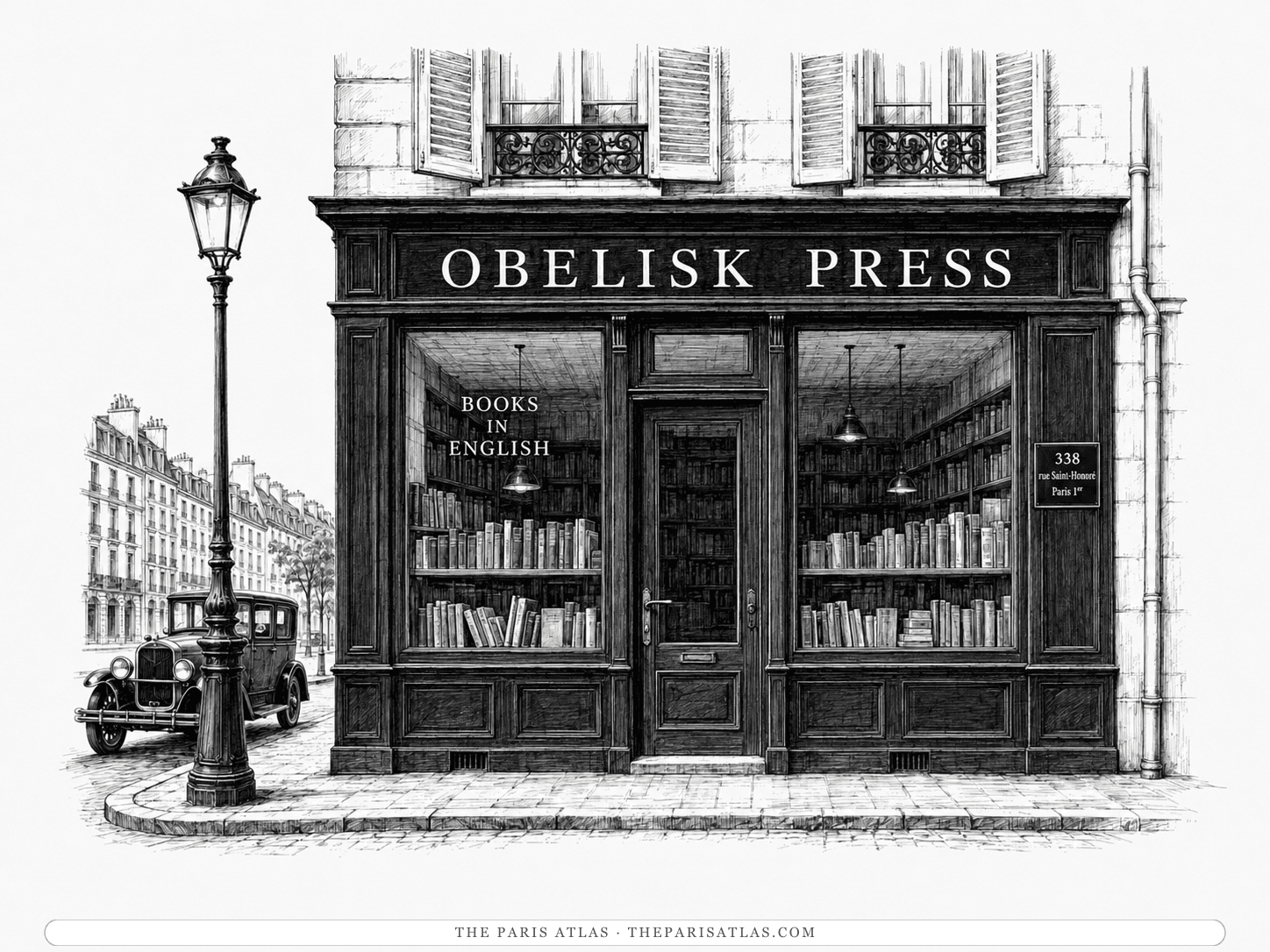 Pen-and-ink illustration of an Obelisk Press shopfront, its window lettered Books in English and a plaque reading 338 rue Saint-Honoré, Paris 1er