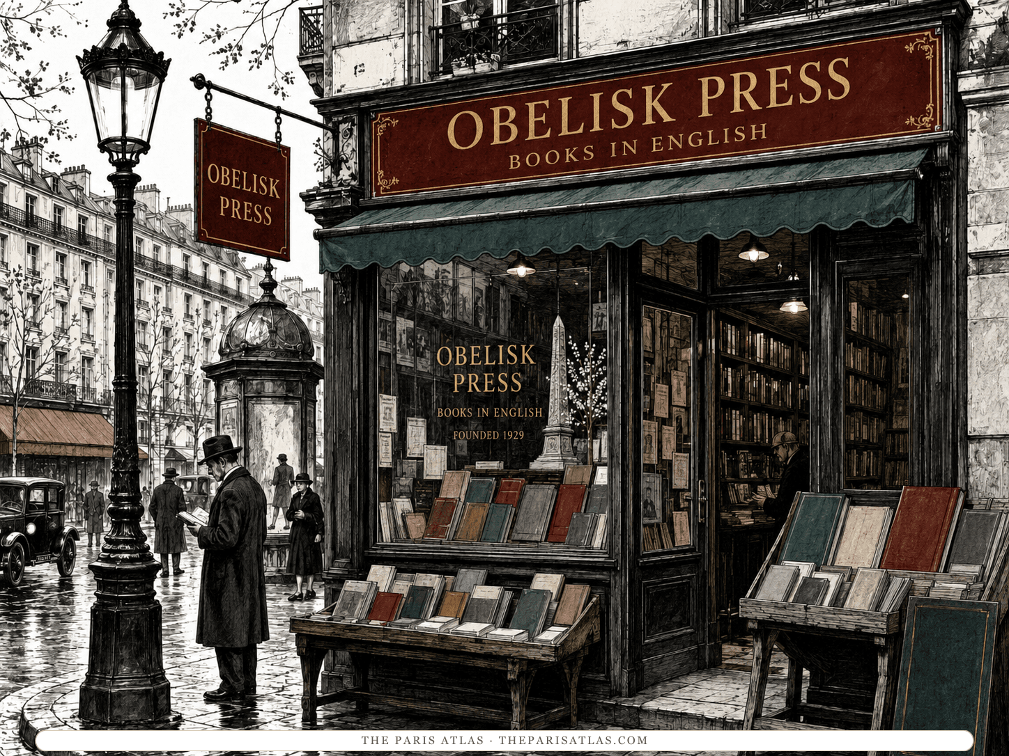 Pen-and-ink illustration of the Obelisk Press shopfront with book tables on the pavement and a reader stopped in front of them on a wet Paris street
