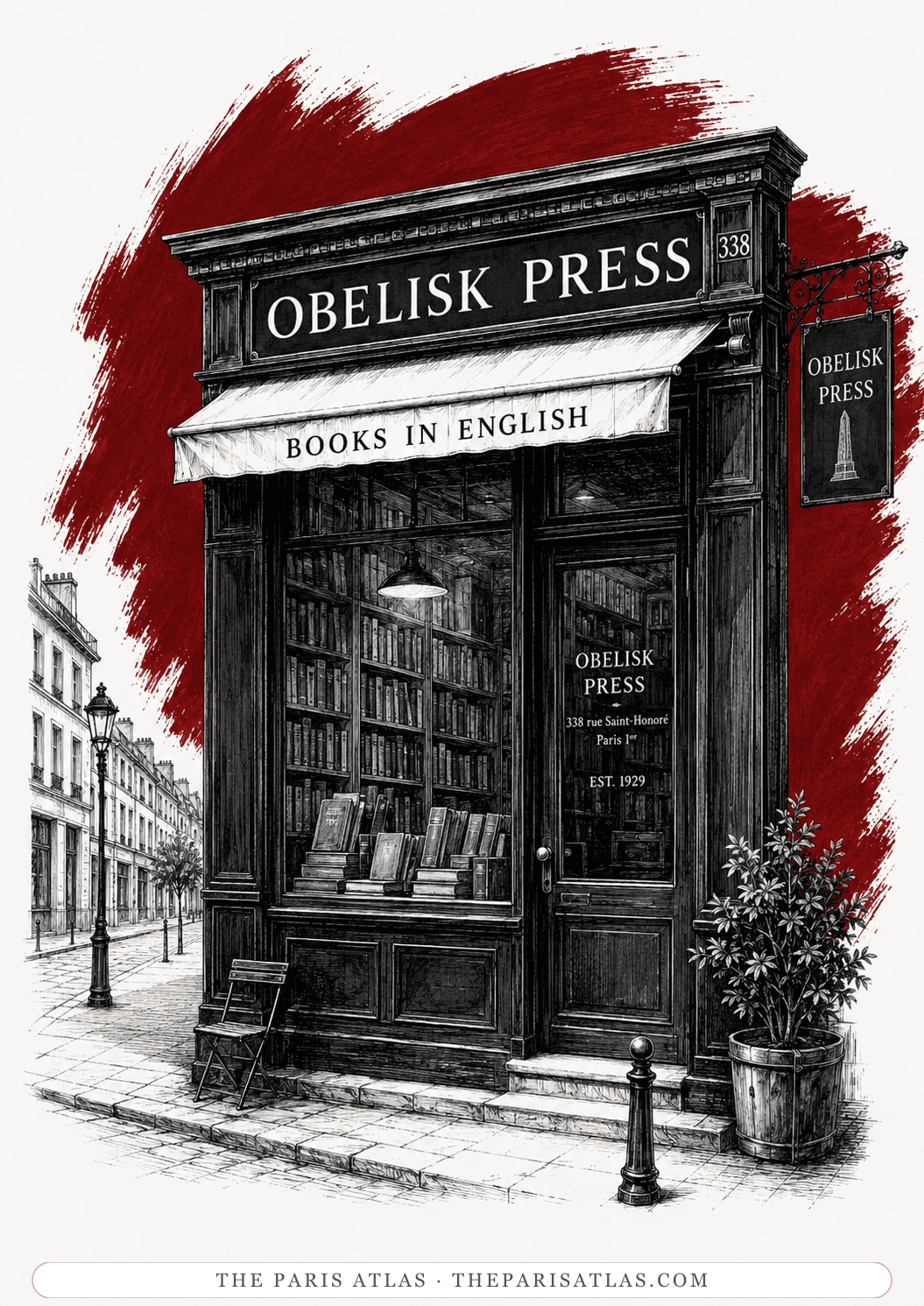 Pen-and-ink illustration of the Obelisk Press shopfront against a red brush ground, the door lettered 338 rue Saint-Honoré, Paris 1er, est. 1929