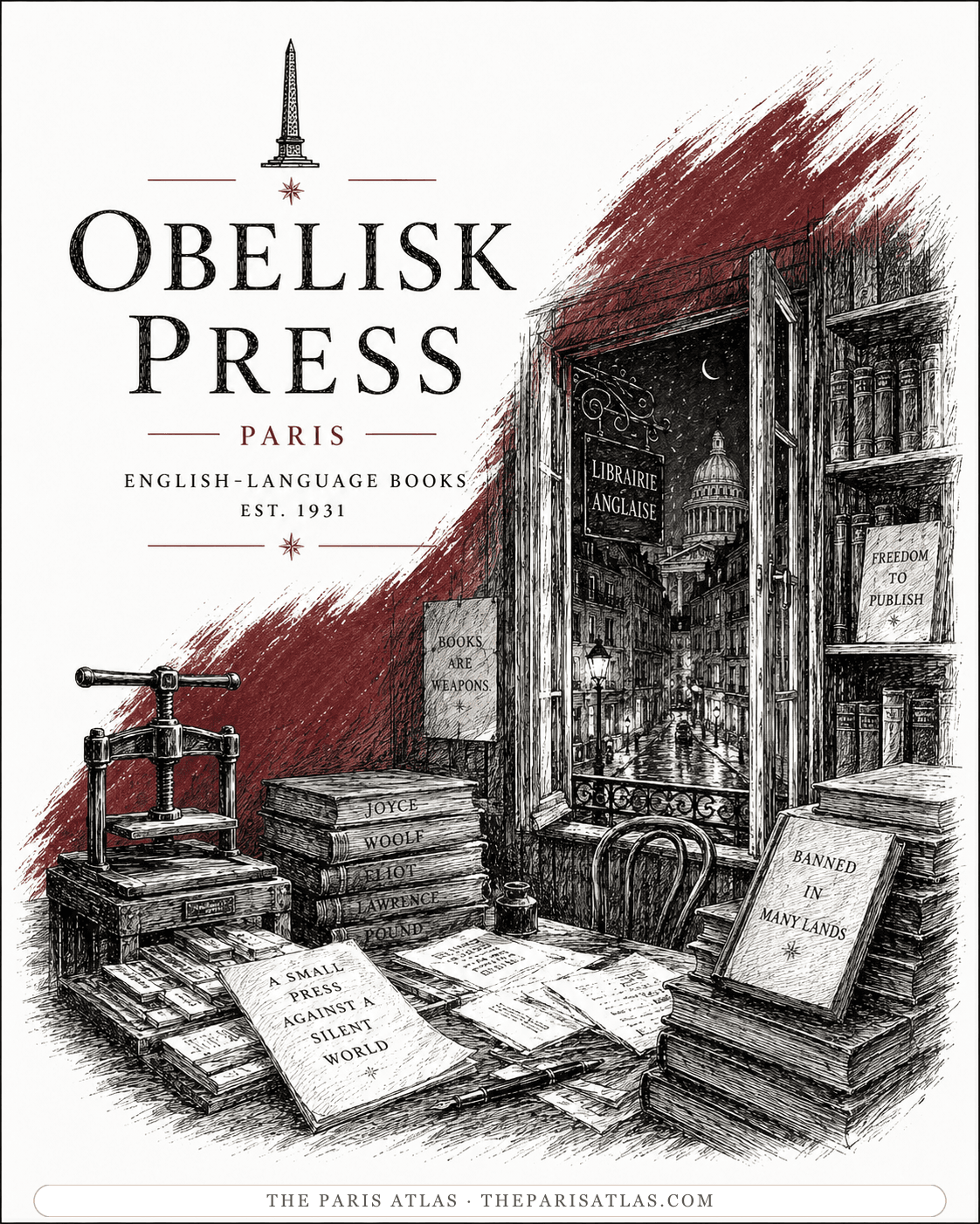 Illustrated poster for the Obelisk Press, Paris