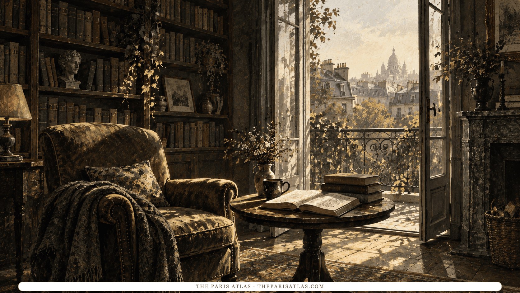 An open book and empty armchair in an inviting illustrated reading room.